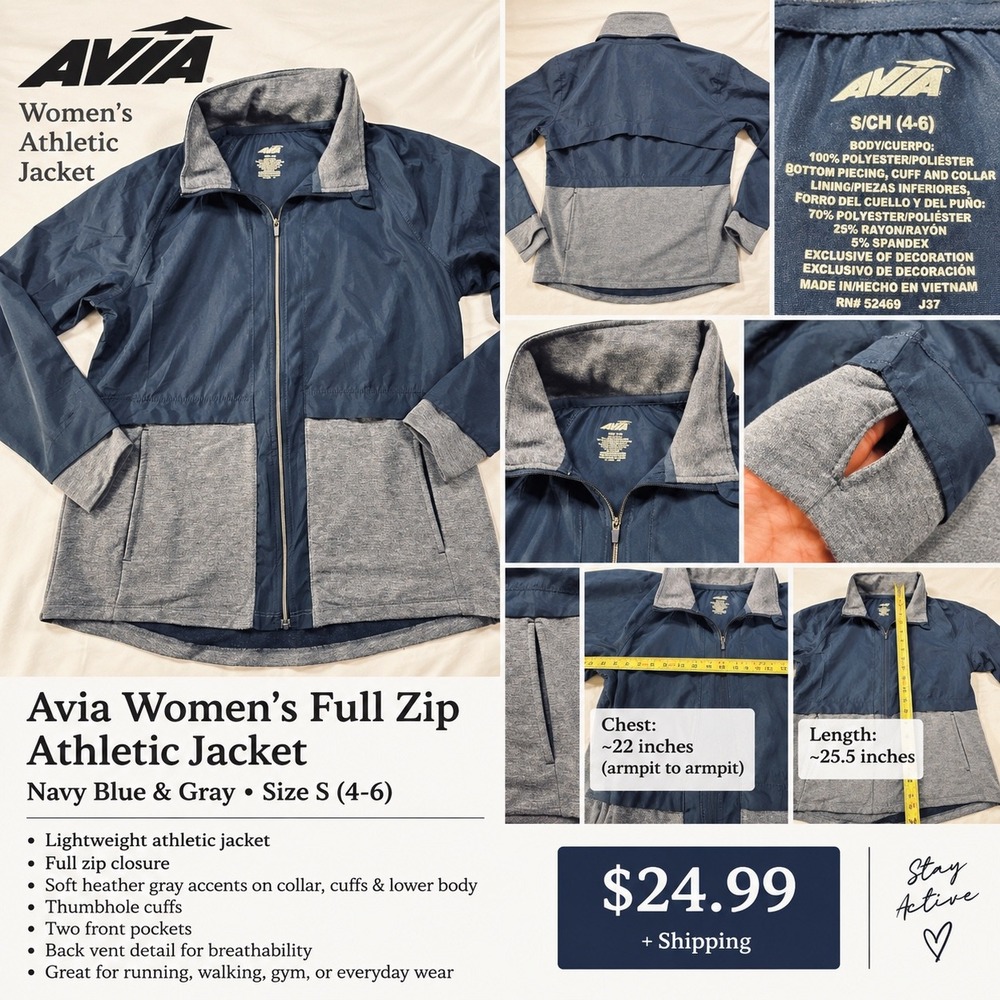 Avia Womens Full Zip Athletic Jacket Navy Blue Gray Thumbhole Cuffs Size S 4-6